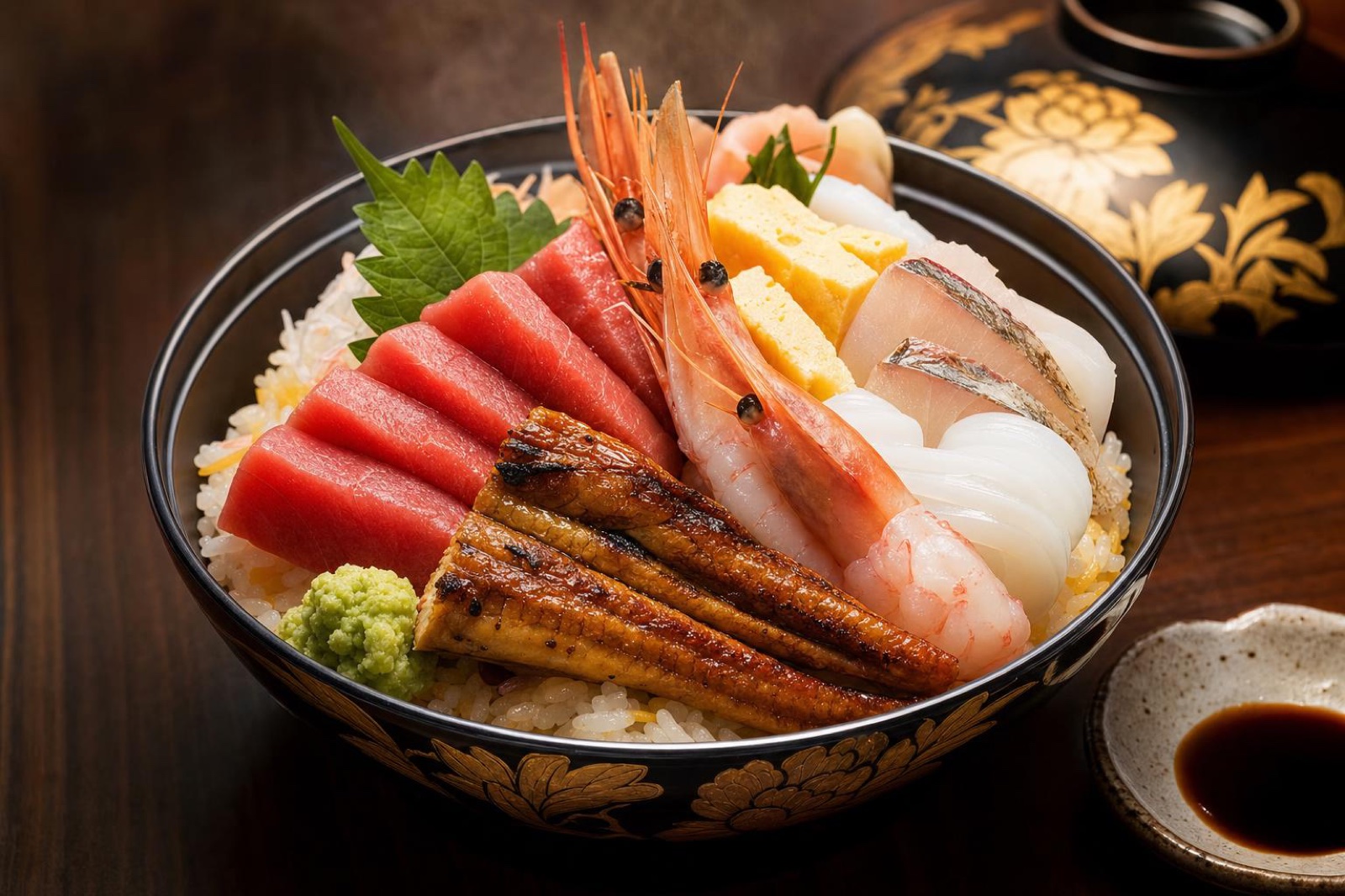 中トロ・うなぎ蒲焼・海老などがぎっしり詰まった弥助寿司の海鮮ちらし