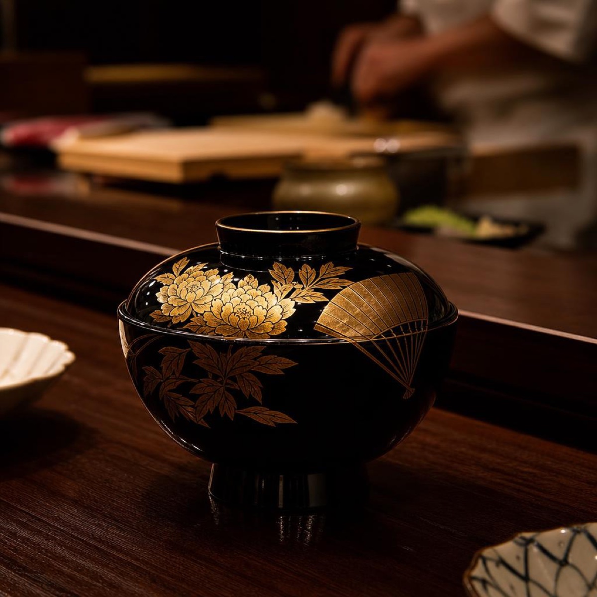 金の牡丹と扇が描かれた漆の蓋付きの器